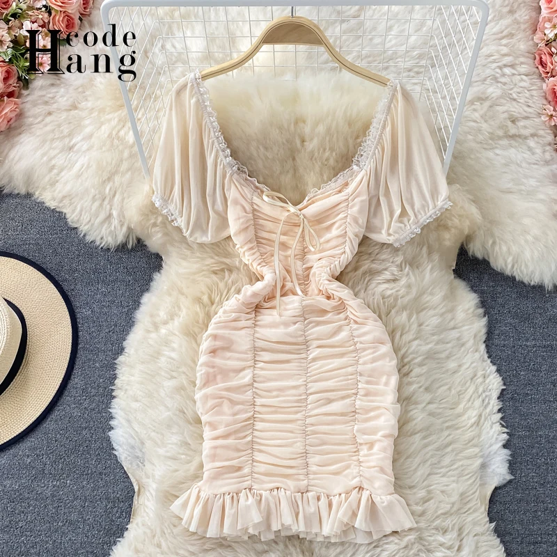 

HangCode Ins Fashion Sexy Ruched Package Hips Mini Dress 2021 New Summer V-neck Backless Ruffled Bodycon Dress Short Sheath