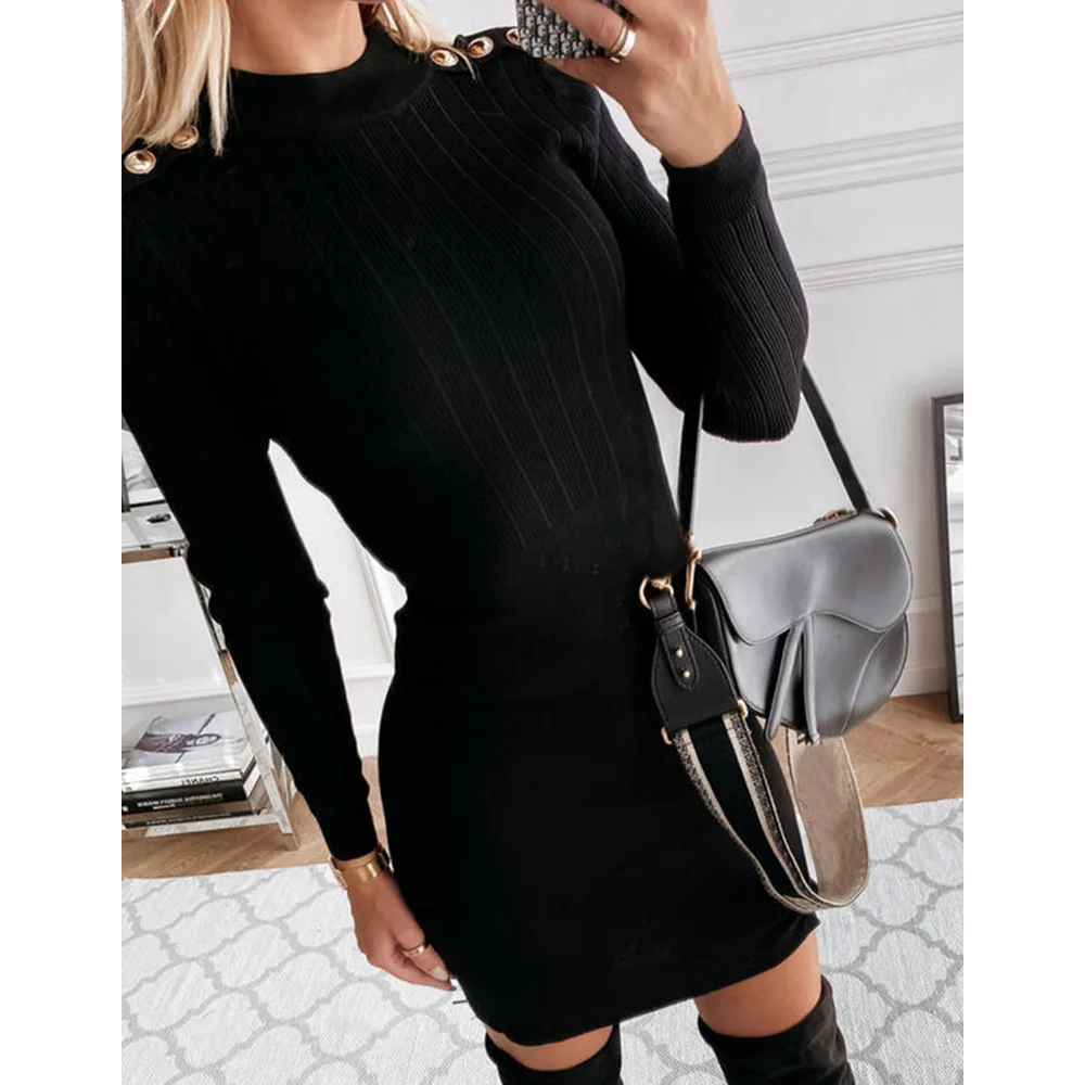 

Women Spring Autumn Solid Color Pencil Dresses Robe Femme Patchwork Button O-Neck Long Sleeve Slim Hips Dress For Woman Vestidos