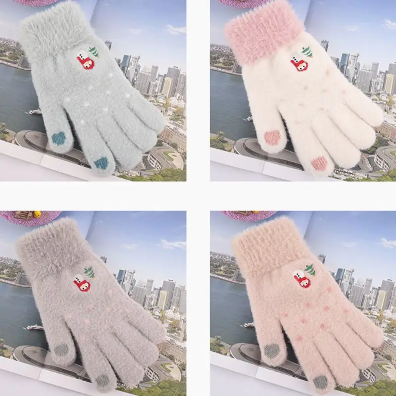 

Womens Winter Plus Velvet Thick Warm Touch Screen Gloves Cute Snowman Christmas Tree Full Fingered Knitted Ski Mittens