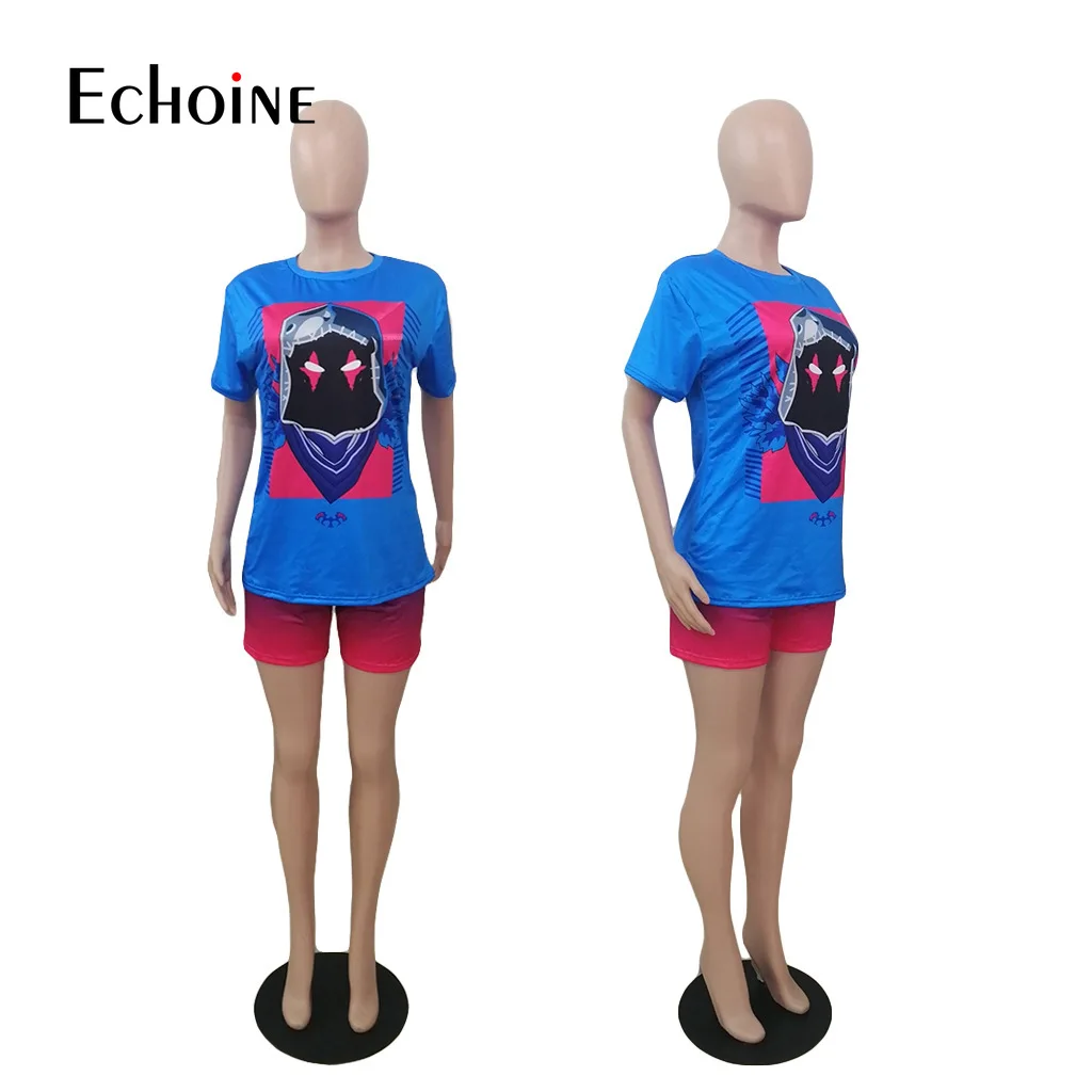 

Echoine Summer Suit Print Short Sleeve tops and Gradient shorts Women Set Fitness Sport Two Piece set Tracksuit Active Outfits