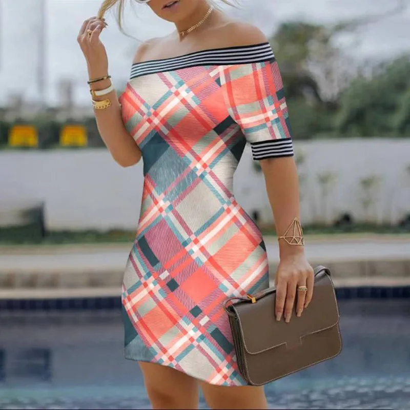 

Plaid dress new style personality printed slim sexy one-shoulder pencil skirt