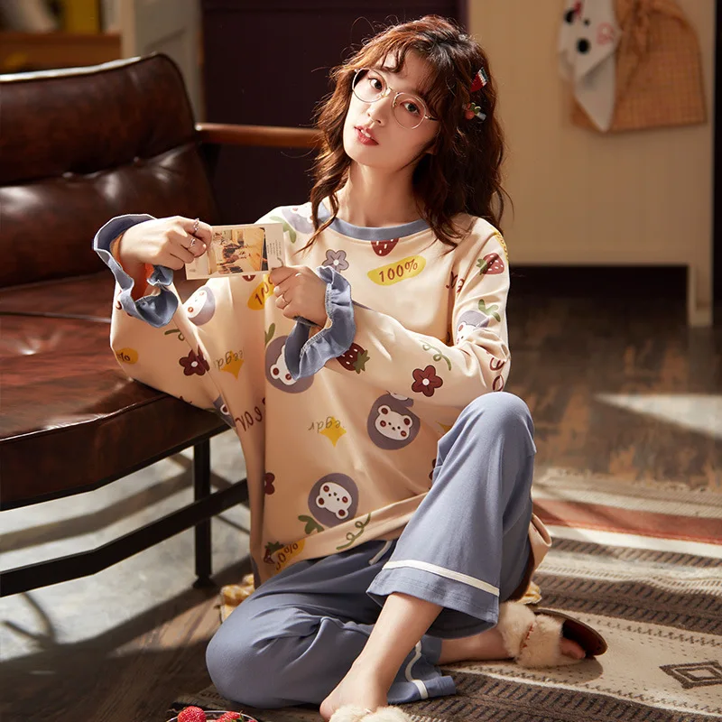 

Симпатичный хлопковый женский пижамный комплект с клубничным медведем зимняя модная Пижама кавайные синие расклешенные рукава Женская до...