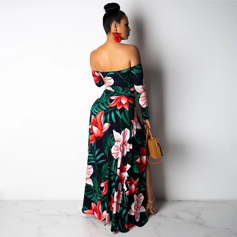 Женское длинное платье макси с открытыми плечами летнее облегающее цветочным