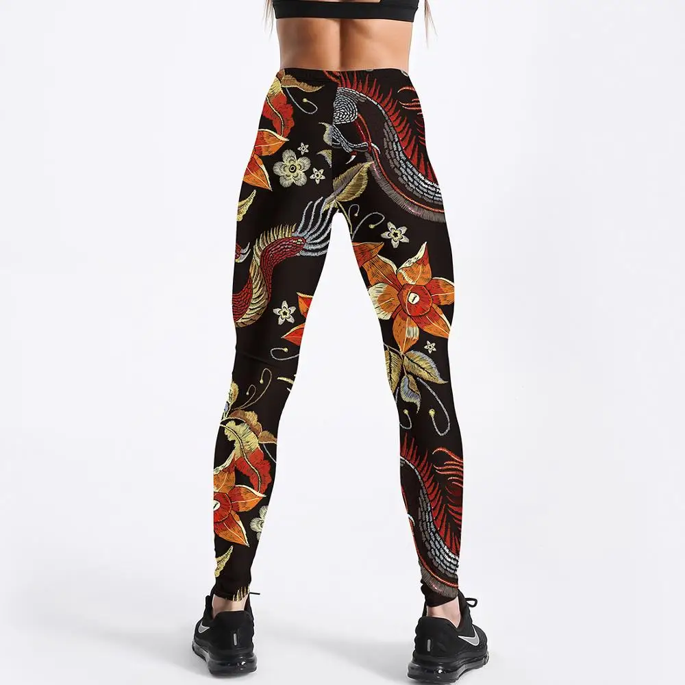

Digital Printed Fitness Gym Leggings Women Clothing Workout Leggins Push Up Fashion Fire Dragon Flower Embroidery Jeggings Pants
