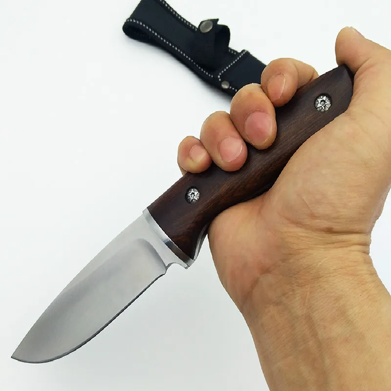 

Sandalwood Handle Outdoor Straight Dao with Sharp Blade Twice North American Hunting Knife + Exquisite Nylon Sleeve