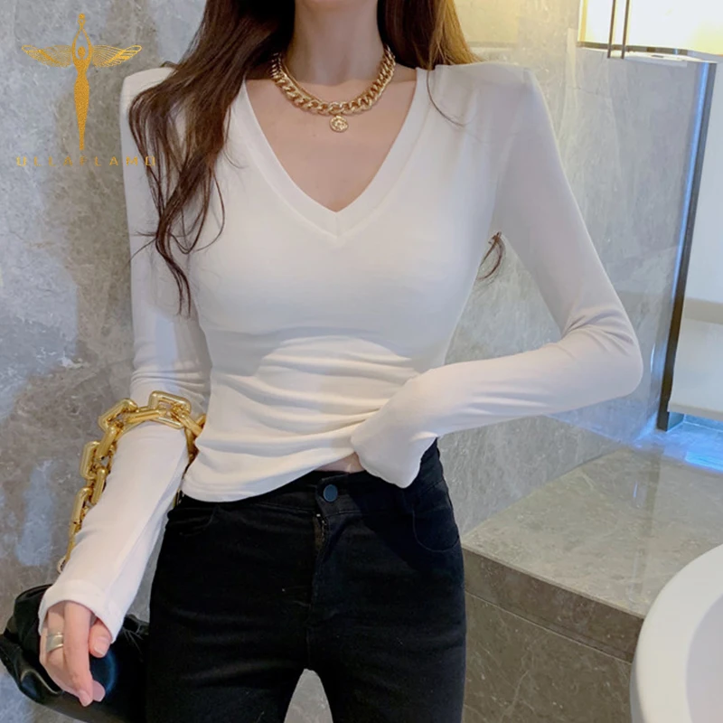 

Korean Elegant V-Neck T-Shirts Womens Clothing Commute Long Sleeve Basic Bottom Solid Color Tees Tops Female Skinny Autumn T-Top