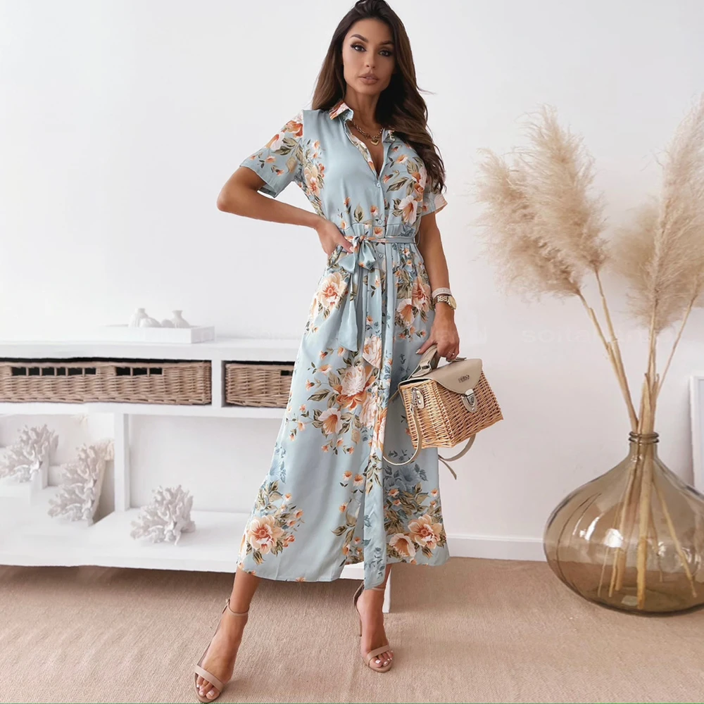 

Elegant Women Shirt Dress Summer Short Sleeve Vintage Floral Print Maxi Dresses Ladies 2021 Casual Party Long Dress Robe Femme