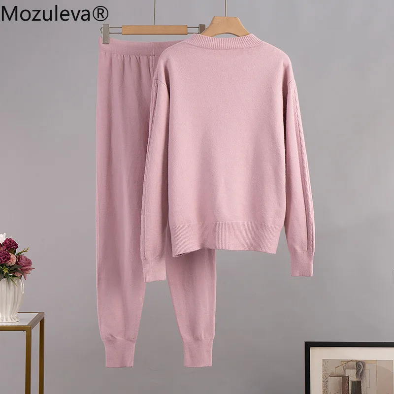 Mozuleva Women Knitted Two Piece Tracksuits Autumn Winter Diamond Loose Sweater and Full Length Harem Pants 2 Set Outfits |