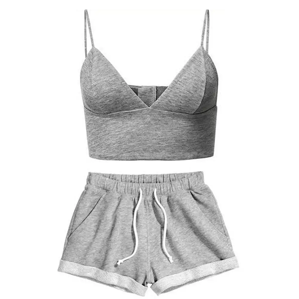 Летний женский костюм из двух частей Одноцветный топ с v образным вырезом