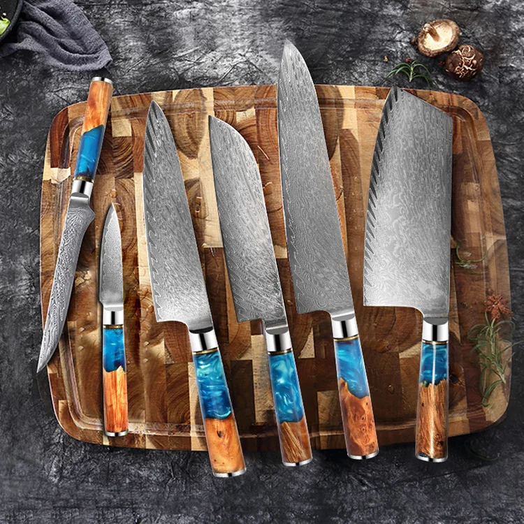 

High End Sharp Damascus Steel 8-Inch Chef Knife Kitchen Cleaver Resin Handle Santoku Utility Paring Bread Knives Kitchen Tools