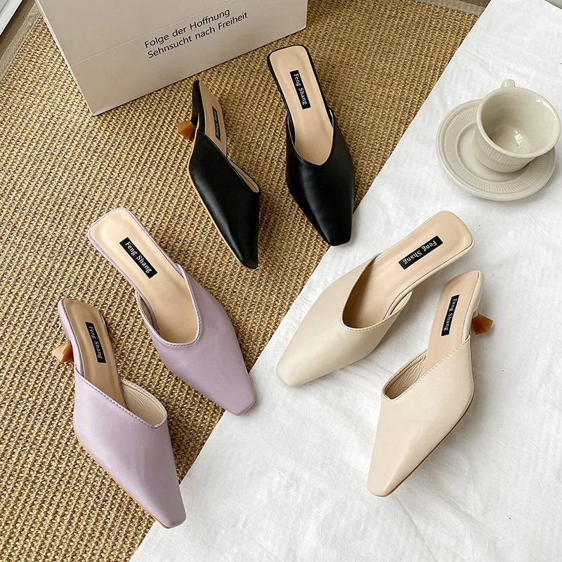 

Slippers Casual Women's Shoes With Platform Thin Heels Pantofle Cover Toe Med Slides Heeled Mules Luxury 2021 Soft High Fashion