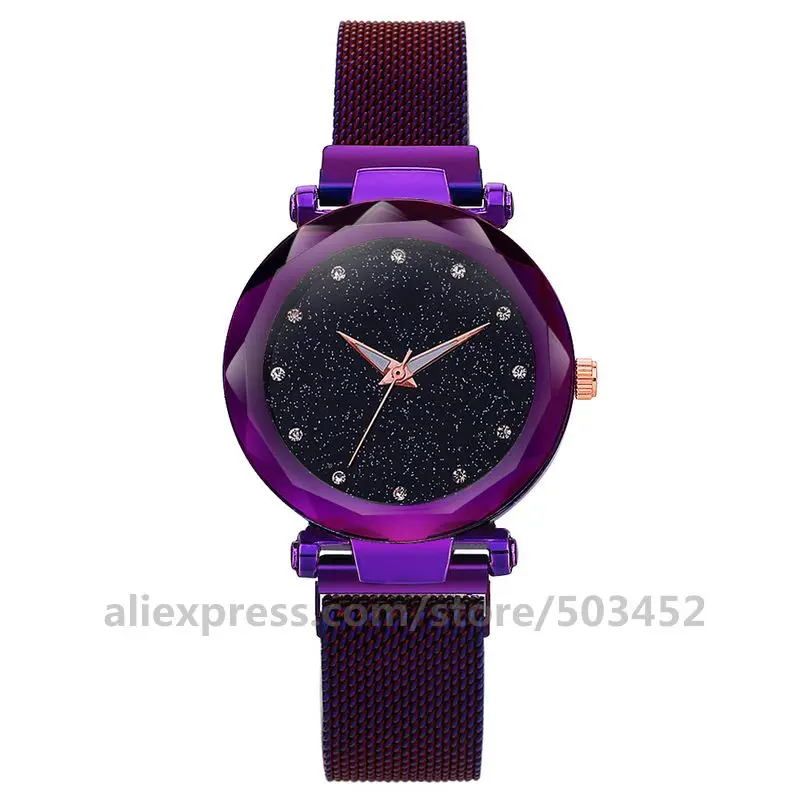 purple alloy case 100 шт./лот, женские часы с цветным сетчатым ремешком, кристальным циферблатом, без логотипа, кварцевые наручные часы,, женские сетчатые часы для ленивых, звездное небо - Цвет: purple alloy case