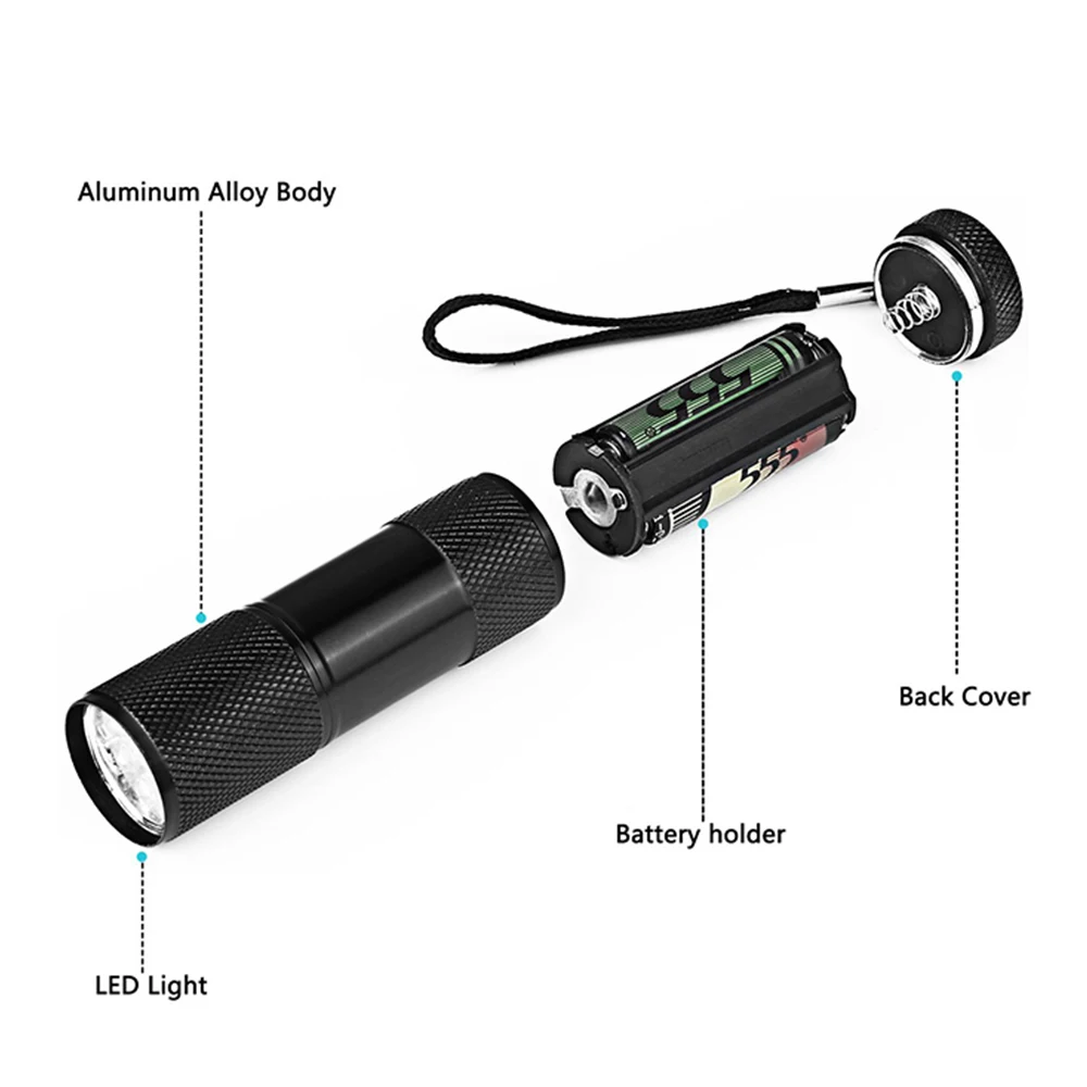 100pcs Low Price 9LED UV 395nm Portable Black Flashlight Mini Keychain Torch 3xAAA Powered 9 LEDs Key-chain Lamp | Освещение