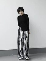 womens high waisted pants wide leg pants straight pants autumn new black and white tie dye vertical stripe design pants