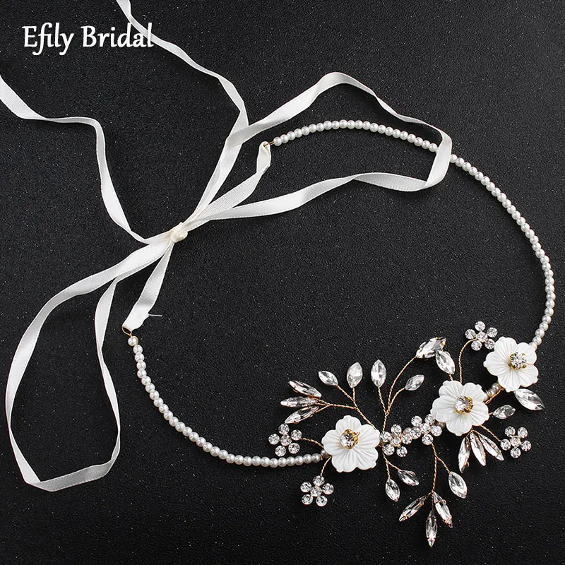 

Efily Pearl Headband Ribbon Rhinestone Hair Jewelry Women Wedding Accessories Bride Headpiece Hair Vine Flower Bridesmaid Gift