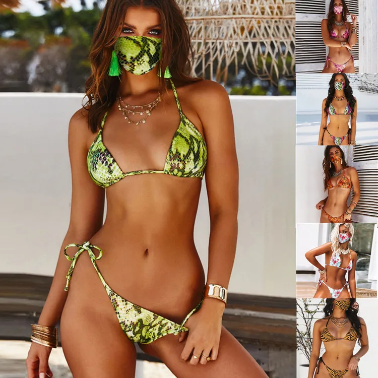 

Sexy Triangle Push Up Brazilian Bikini Set snake Skin Printed Swimwear Women Beach Swimsuit Thong Bathing Suit With Mask Bathers