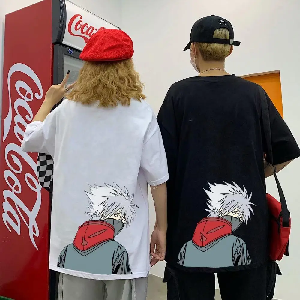 Унисекс панк рубашки High Street пара белый черный Какаси Наруто персонажи принты