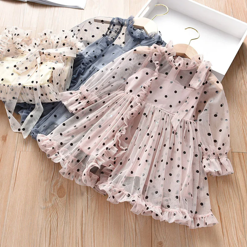 

Girls Summer Dress Fashion Girl Party Dresses Mesh Dot Long Sleeve Children Princess Dress Casual Elegant Kids Dresses For Girls