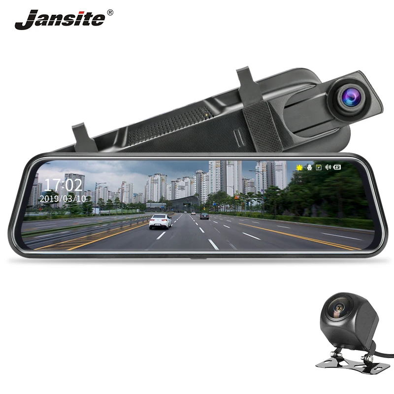 Jansite, 10 дюймов, сенсорный экран, 1080 P, Автомобильный видеорегистратор, камера с двойным объективом, автомобильная камера, видеорегистратор, зеркало заднего вида с резервной камерой