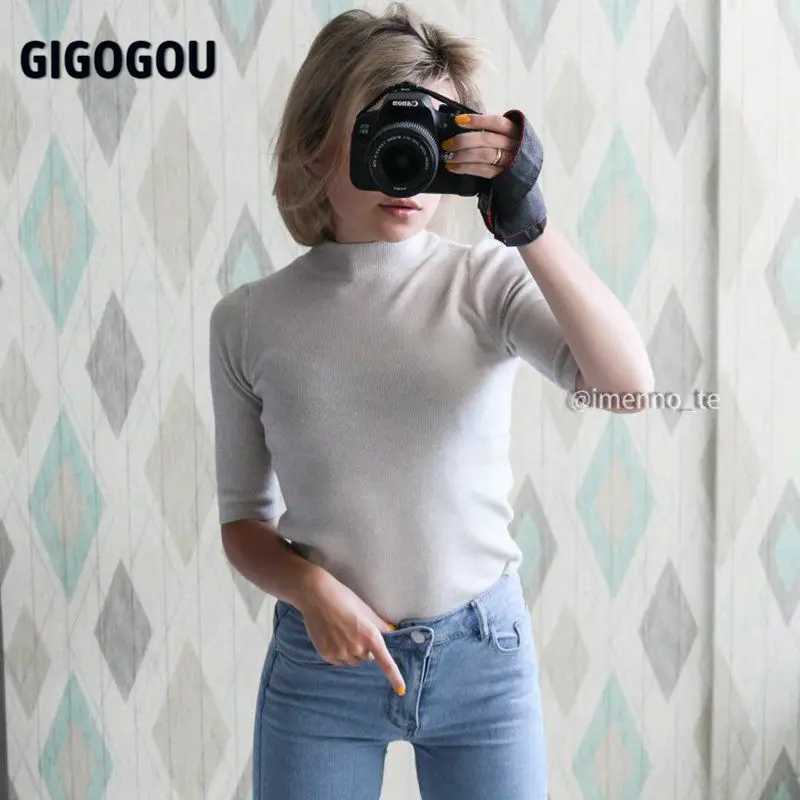 GIGOGOU Spring Autumn Women Sweater Half Sleeves O-neck Slim Jumper Knitted Soft Female Pullover Top | Женская одежда