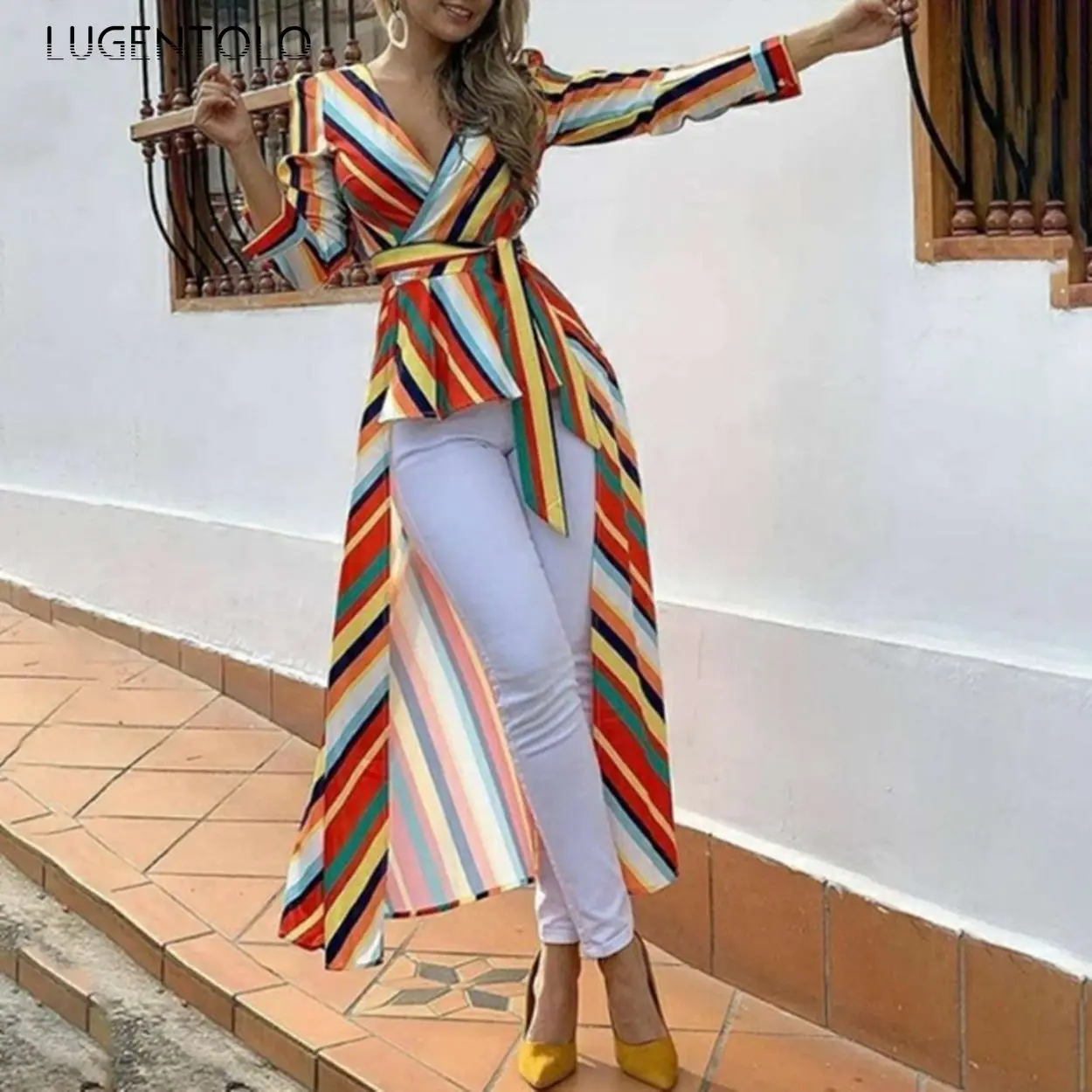 

Elegant Dress Women Long Sleeve Summer Lace-up Dresses Rainbow Stripe Print V-neck Casual Fashion Lady Irregular Dress Lugentolo