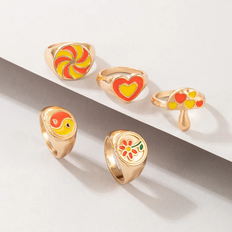

2022 Ins Orange Oil Drop Rings Love Tai Chi Mushroom Flower Pastoral Style Enamel Ring Set