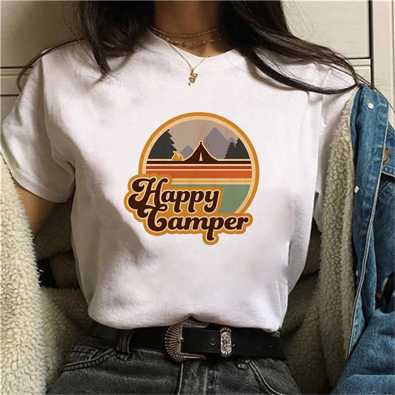 

T Shirt Happy Camper Print Casual Feminina Tees Korean Fashion Lady Female Woman T Shirts Aesthetic Women Short Sleeve