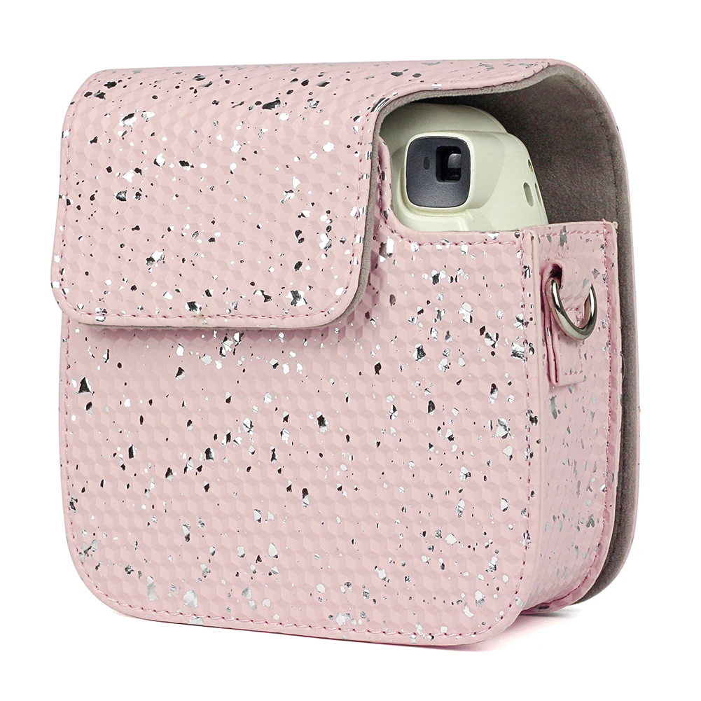 

High quality PU Leather Camera Shoulder Bag Pink Sequins Carry Case for Fujifilm Mini8/8+/9