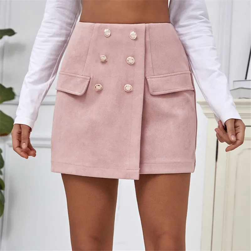

New 2021 Spring Autumn Women Skirt High Waist Buttons Sexy A-Line Vintage Package Hip Wild Pink Mini Skirts