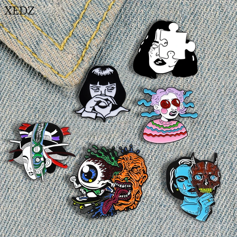 

XEDZ New Blue Mask Girl Big Eyes Clown Female Jigsaw Human Head Collection Fashion Personality Jeans Pendant Jewelry Gift