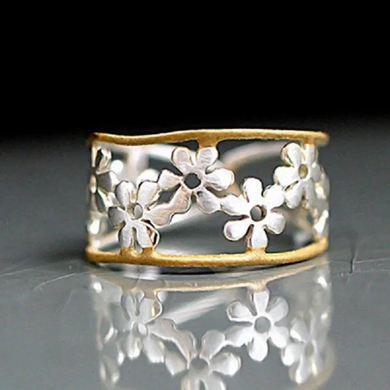 

Women's 18k Gold 925 Sterling Silver Two Color Flower Rings Simple Adjustable Opening Rings for Women Wedding Party Jewelry Ring