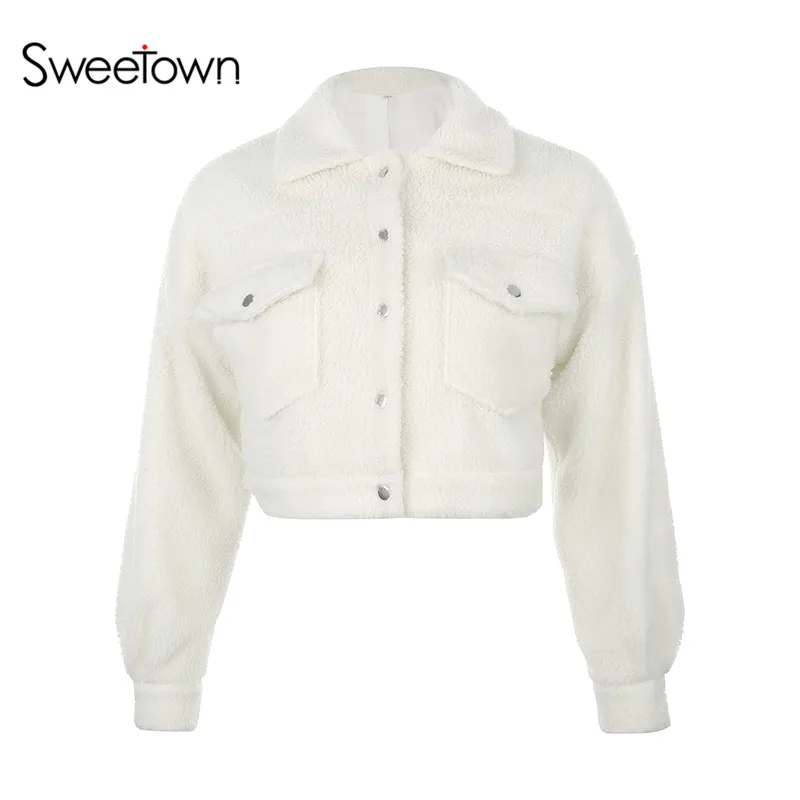white Sweetown зима, теплые куртки с плюшевой подкладкой, пальто на пуговицах, с отложным воротником, с длинным рукавом, Женское пальто, женская осенняя одежда - Цвет: white
