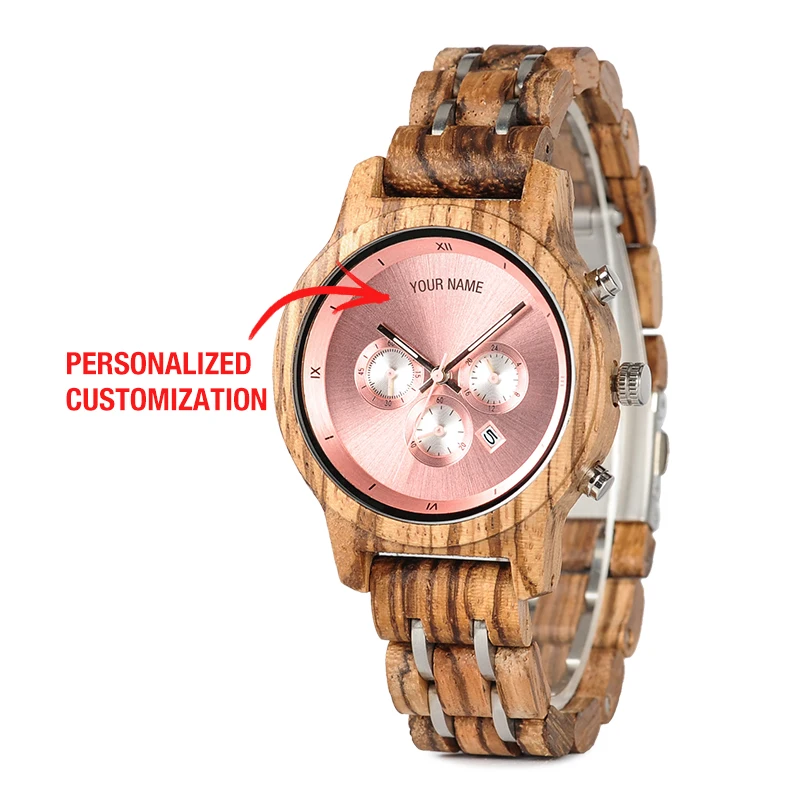 

BOBO BIRD Ladies Luminous Watches Wood Metal Chronograph Top Women Wristwatch Relogio Gift Box Dropshipping Customized Your Name