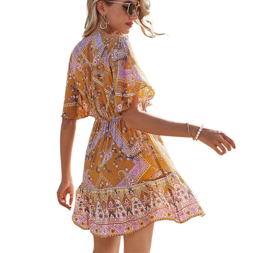 

Womens Sexy Deep Lace Up V-neck Floral Print Boho Mini Dress Summer Beach Loose A-Line Sundress Fashion Vestidos