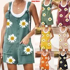 Комбинезон женский с принтом ромашек, элегантный Ромпер, повседневные винтажные короткие брюки, хлопково-льняные широкие штаны, лето