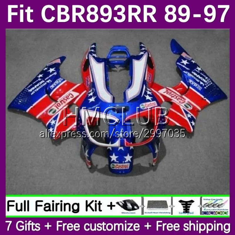 

Kit For HONDA CBR900RR CBR 893 893RR 43No.34 CBR893 CBR900 RR blue red blk 1989 1990 1991 1992 1993 CBR893RR 94 95 96 97 Fairing