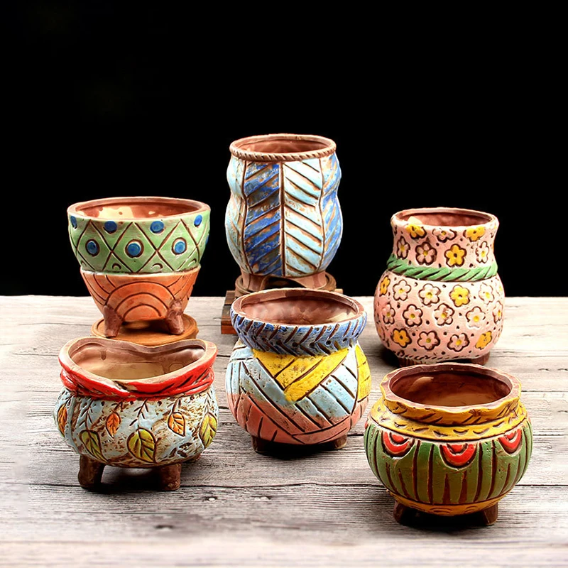 

New Korean Ins Vintage Hand Painted Ceramic Succulent Flowerpot Lovely Green Plants Potted Home Balcony Creative Gardening