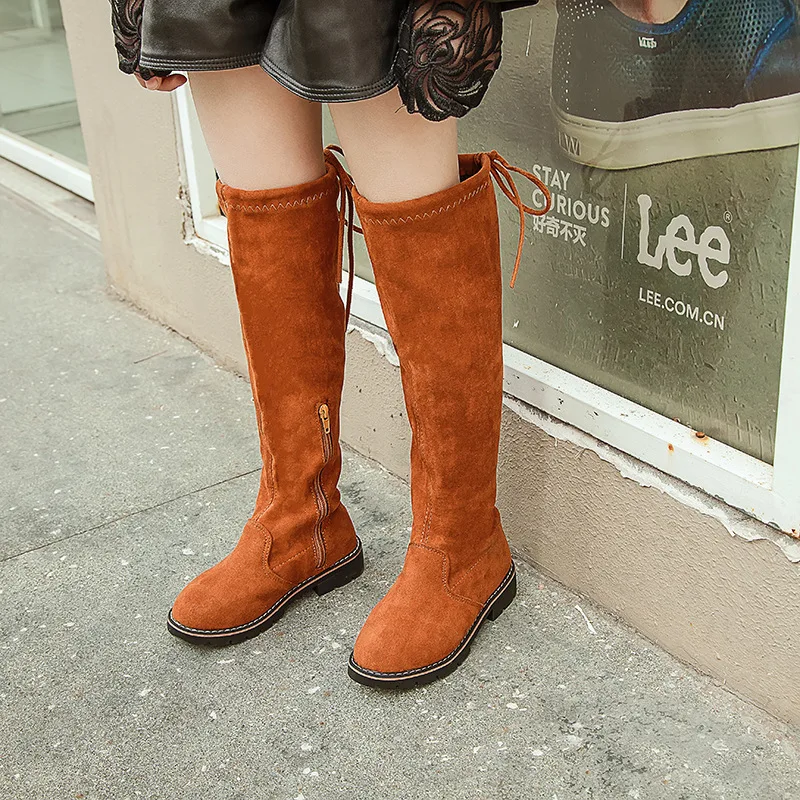 Новинка 2018 осенне-зимние сапоги для девочек однотонные до колена с бантом