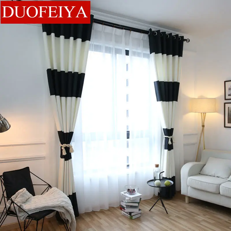 

White Black Splicing Striped Blackout Curtains for the Bedroom Cotton Linen Modern Curtains for Living Room Window Curtains