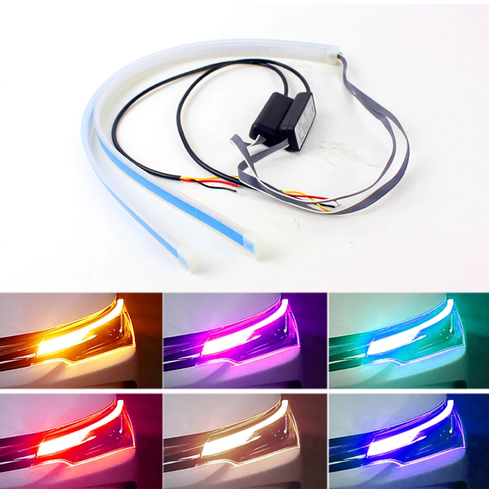 

2pc LED Turn Signal Car Daytime Running Flowing Water Light Flexible Waterproof Strip Auto Headlights Discoloration Brake Light