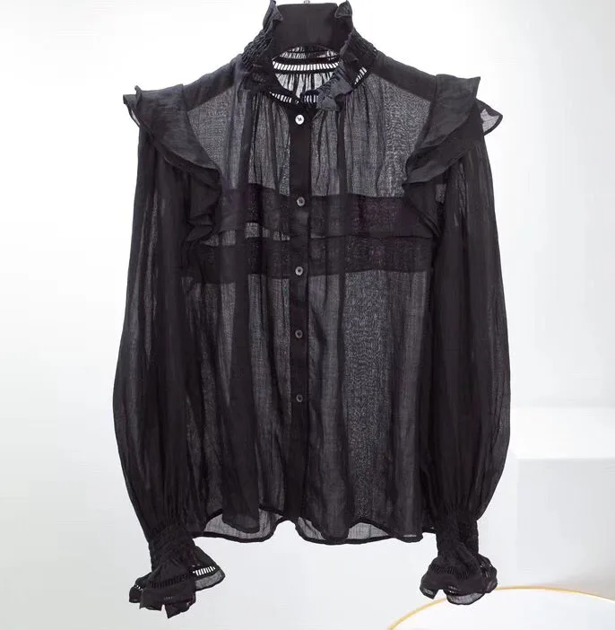 Черная льняная рубашка с оборками на воротнике и длинными рукавами модная блуза