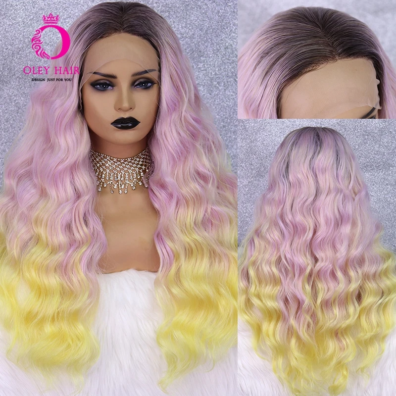 Deep Wave Pink Wig Synthetic Lace Front Wig Glueless Blonde And Purple Yellow Ombre Cosplay Wig For Black/White  Women OLEY