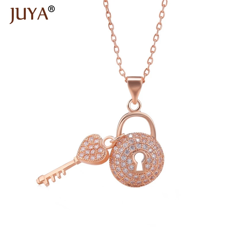 fashion statement necklaces for women Luxury Jewelry Copper Zircon Rhinestone Key Pendants Necklace Silver Femme