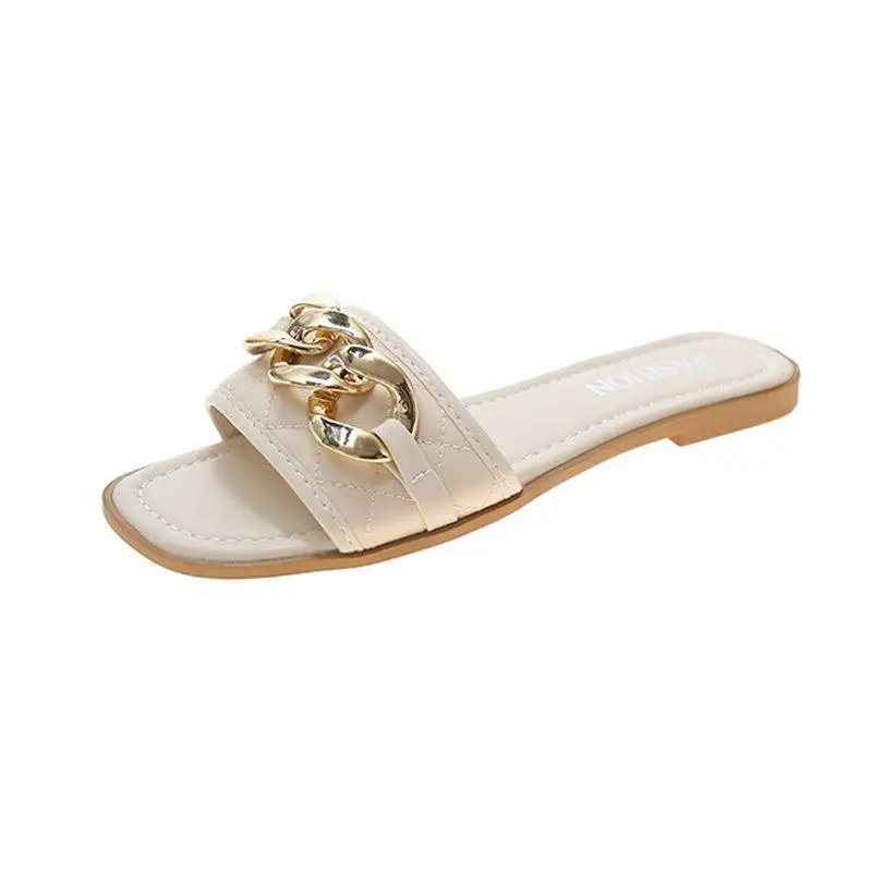 

Slippers Women Summer Luxury Slides Female Shoes Designer 2021 Beach Flat Chain PU Basic Rubber Shoes Woman 2021 Slippers For Sw