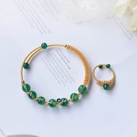 vintage natural emerald green transparent agate bead open bangle ring jewelry set 14k gold filled hand woven ladies jewelry gift