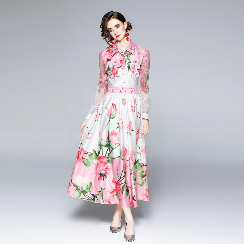 

Elegant Women Autumn Dresses Vintage Rose Print Lace Hollow Out Sleeve Dress Office Lady Sashes Zipper Regular Long Sleeve Dress