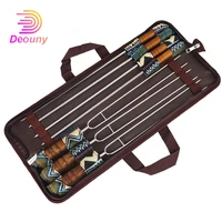 deouny 7 pcs bbq fork barbecue skewers with cloth bag portable stainless steel u shape wooden handle outdoor picnic grilling set