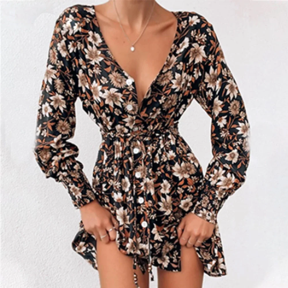 

2021 Spring Summer Dress Best-selling New Product Black Printing Sexy V-neck