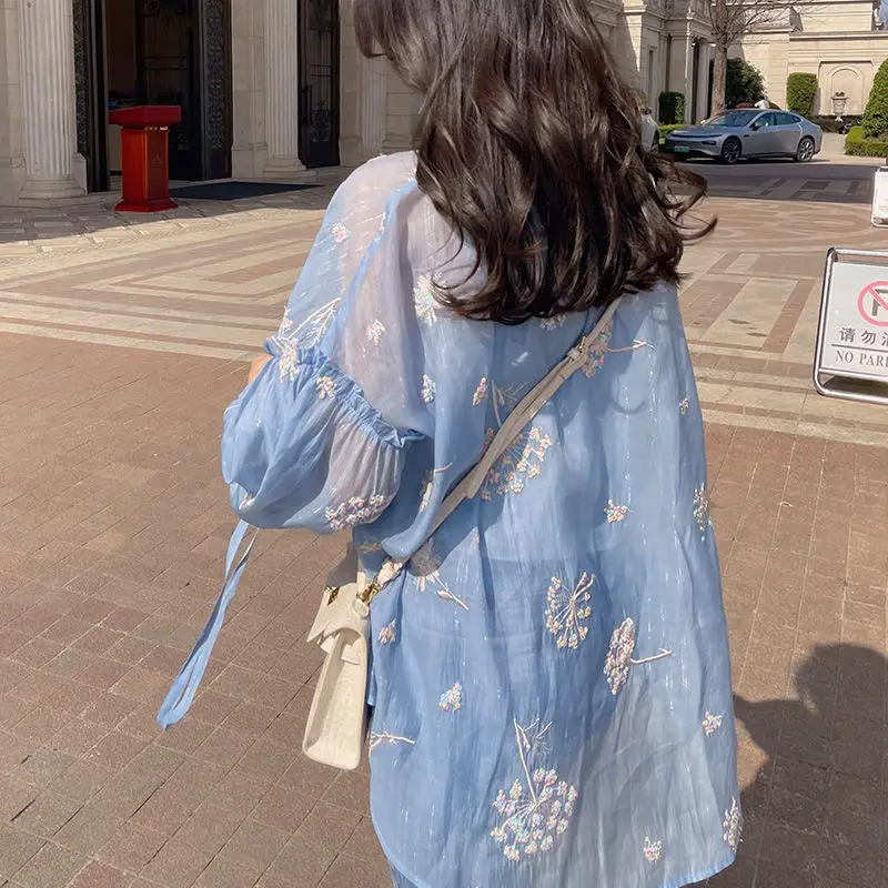 

KUSAHIKI Sequins Embroidery Lace Chiffon Tops Women Summer 2021 New Sun Protection Blouse Causal Puff Sleeve Blusas Shirt 6J176