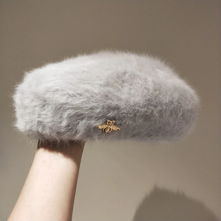 

202009-may8299OR8665 WINTER Real rabbit hair warm color bee lady beret hat women Leisure painter hat
